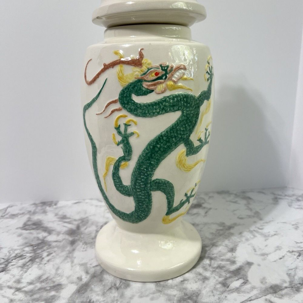 VINTAGE Ming Dragon Lidded Ceramic Vase Apothecary Pot Asian White and Green - Picture 7 of 16